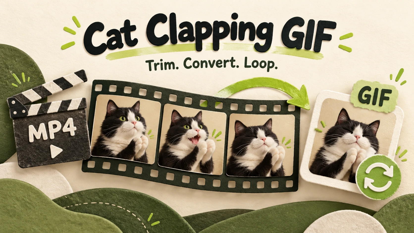 Original concept illustration of a cat video becoming a looping GIF; not a converter screenshot