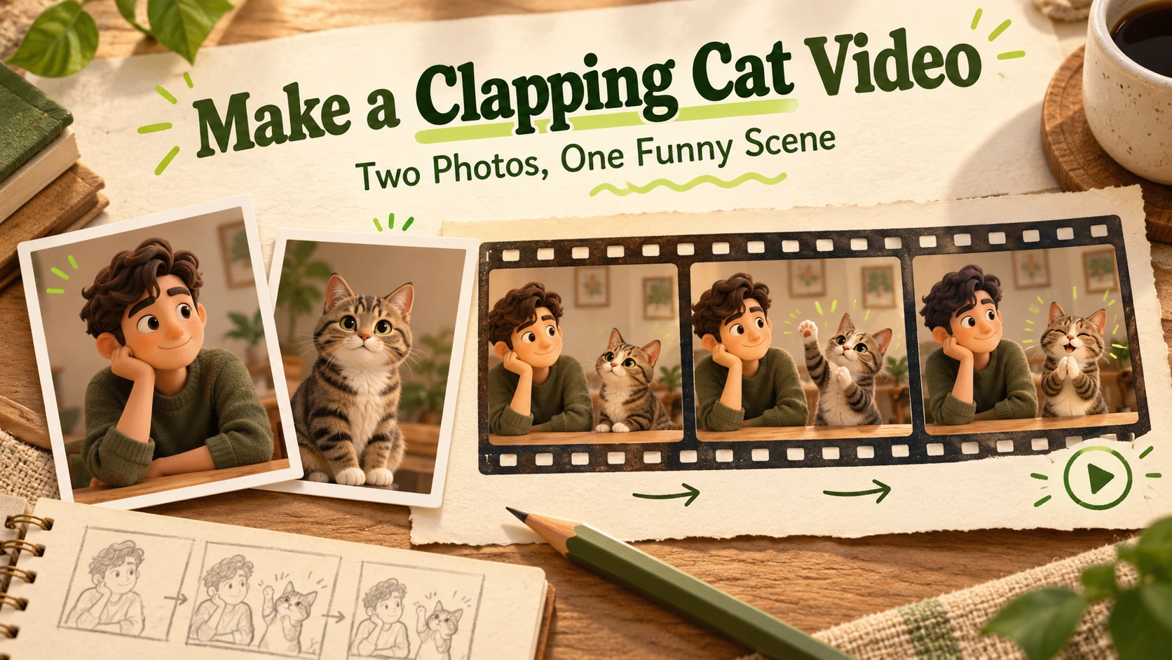 Original concept illustration of a two-photo clapping-cat video workflow; not a generated video result