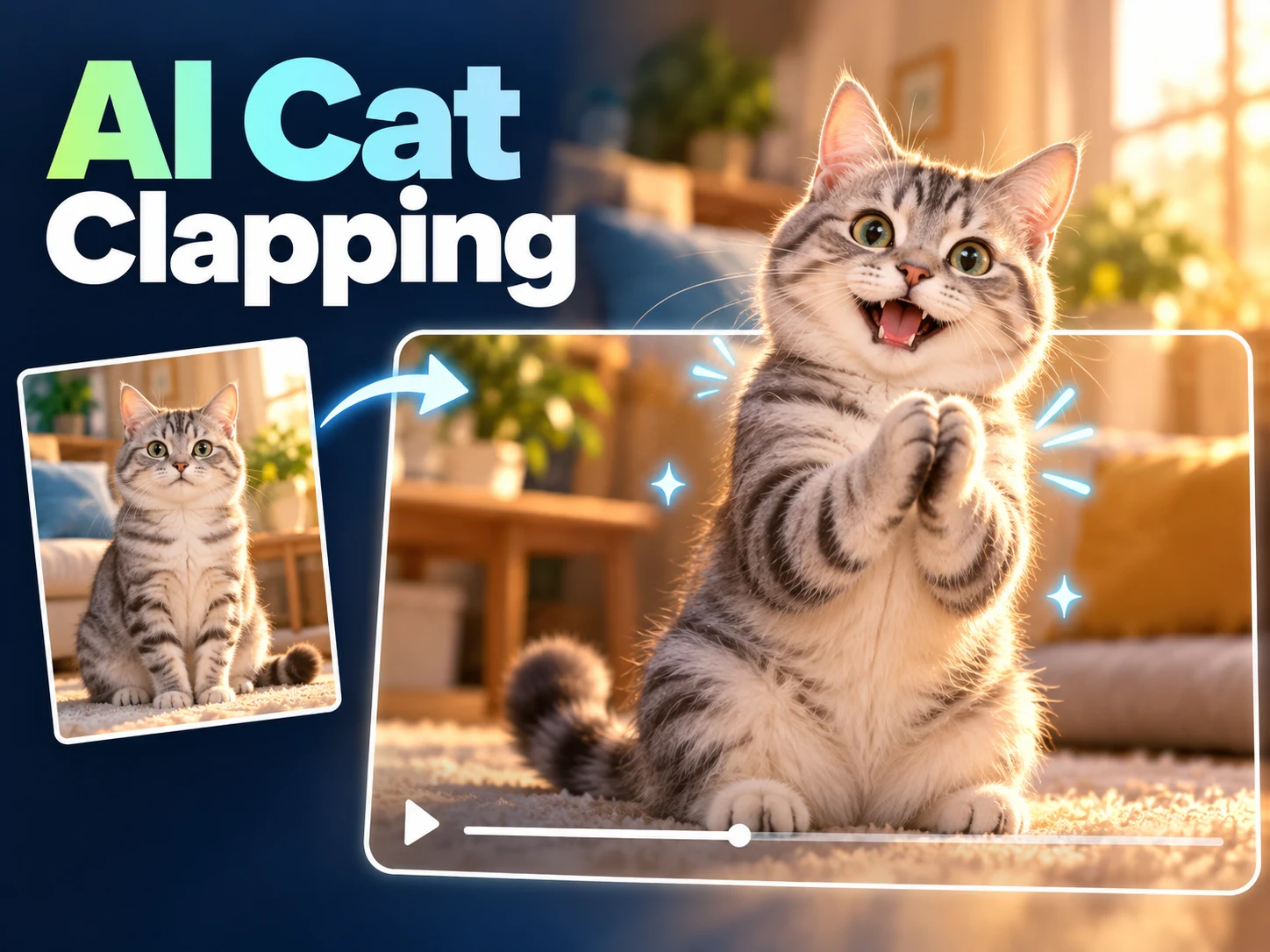 AI Cat Clapping concept cover with a silver tabby applauding beside its photo