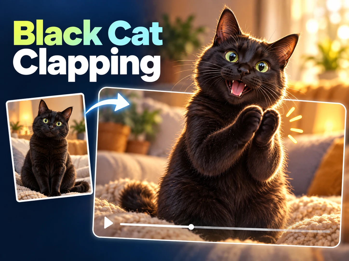Black Cat Clapping concept cover with a green-eyed black cat bringing its paws together