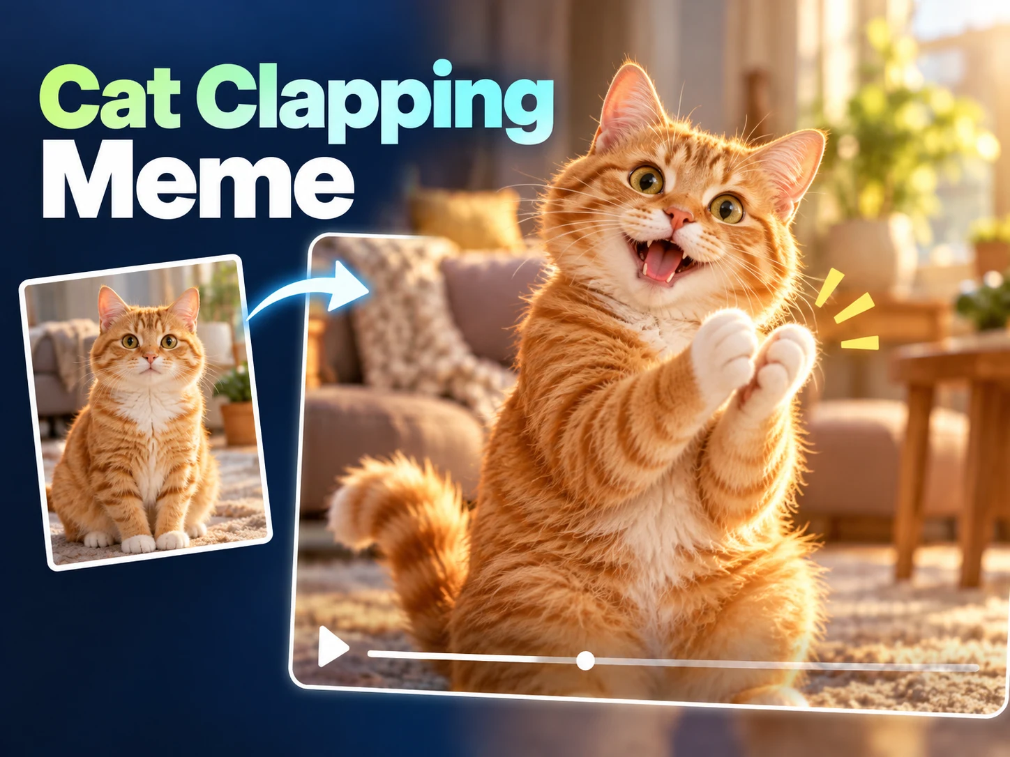 Cat Clapping Meme concept cover featuring an orange tabby with raised clapping paws