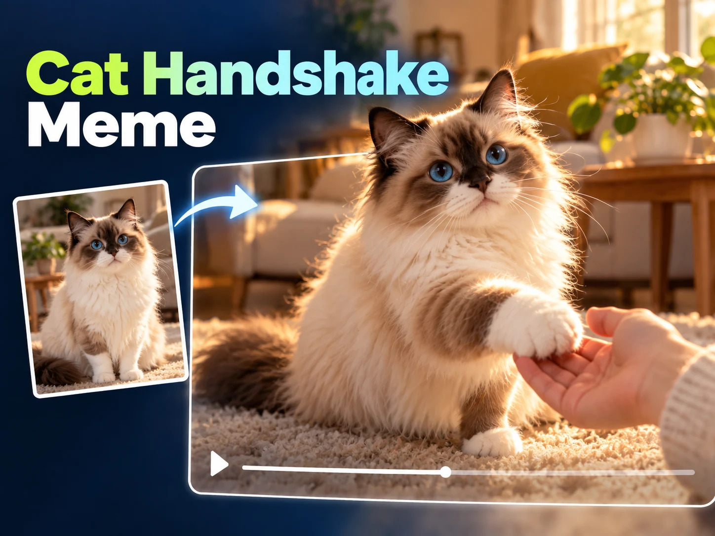 Cat Handshake Meme concept cover showing a fluffy point cat offering its paw to a hand
